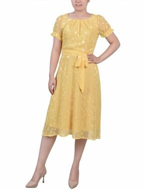 NY Collection Yellow Swiss Dot Tie-Waist Dress, Short Puff Sleeves, Size PM, NWT